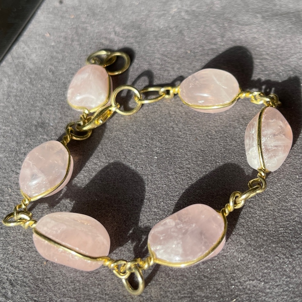 Natural Rose Quartz Polished Nuggets Gold Tone and Pink Stone Bracelet